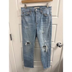 Levis Wedgie Straight Distressed High Rise Blue Jeans Size 28 Raw Hem Light Wash